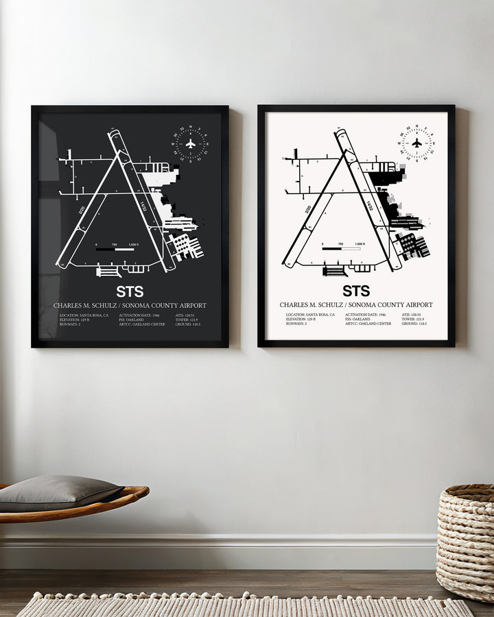Framed Detailed Airport Map of Charles M. Schulz/Sonoma County Airport (STS) in White and Gray