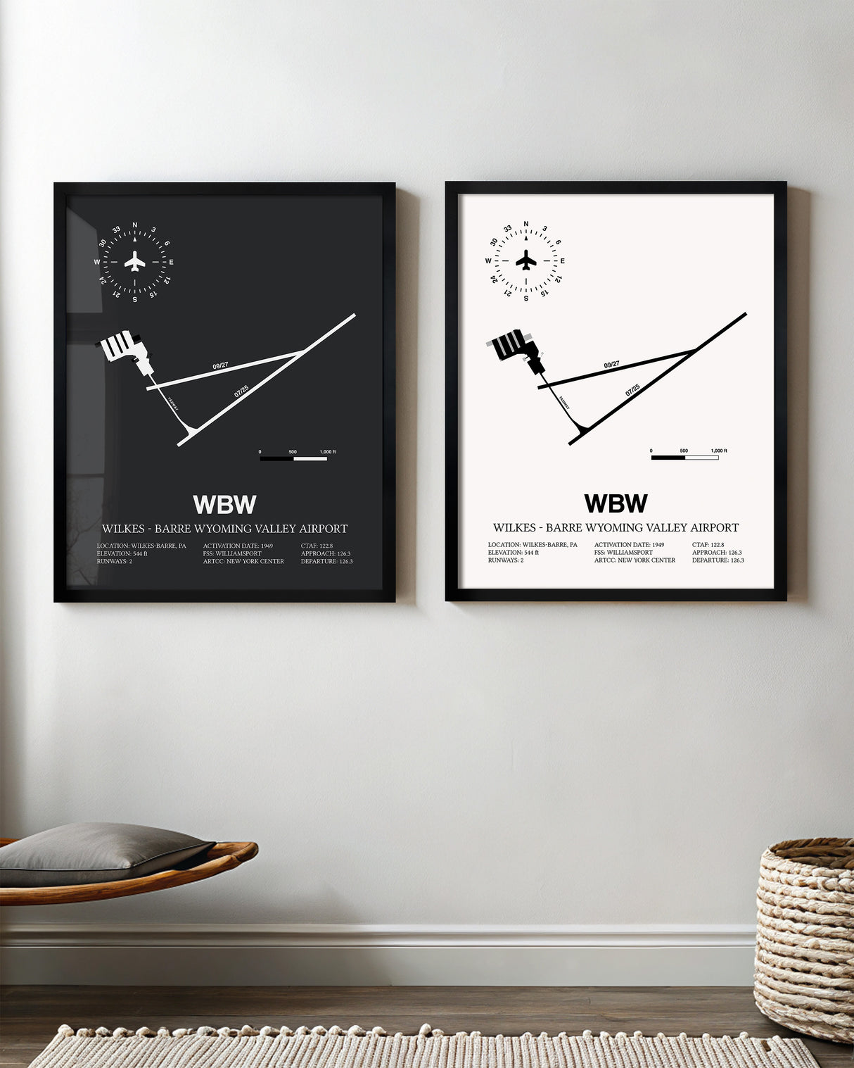 Framed Detailed Airport Map of Wilkes - Barre Wyoming Valley Airport (WBW) in White and Gray