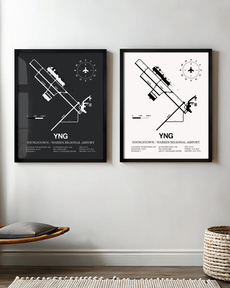 Framed Detailed Airport Map of Youngstown / Warren Regional Airport (YNG) in White and Gray