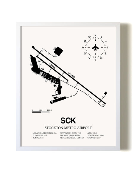 Stockton Metro Airport airport map poster in oak frame