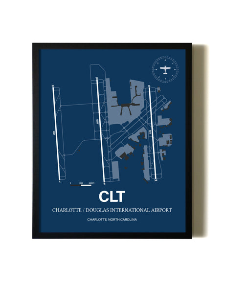 Aviation Blue Framed Charlotte / Douglas International Airport layout wall art poster