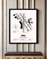 Eppley Airfield framed poster displayed in an airplane hangar