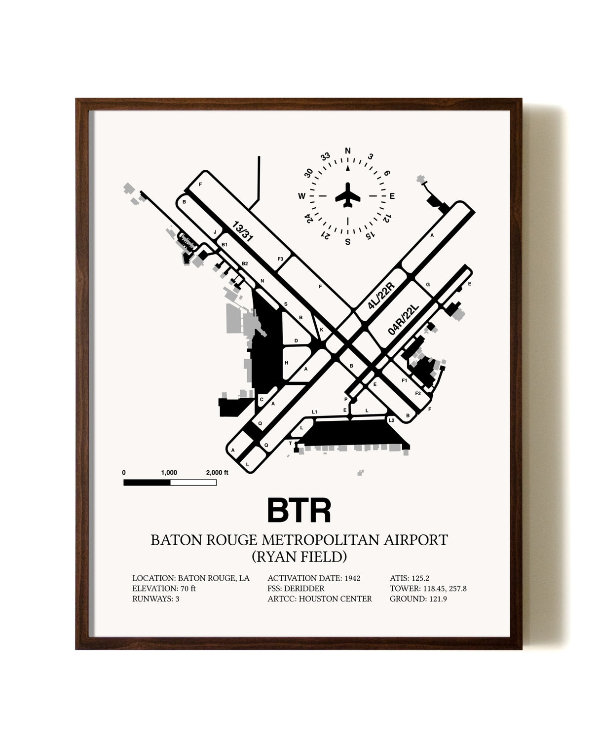 Baton Rouge Metropolitan Airport (Ryan Field) aviation print in walnut frame