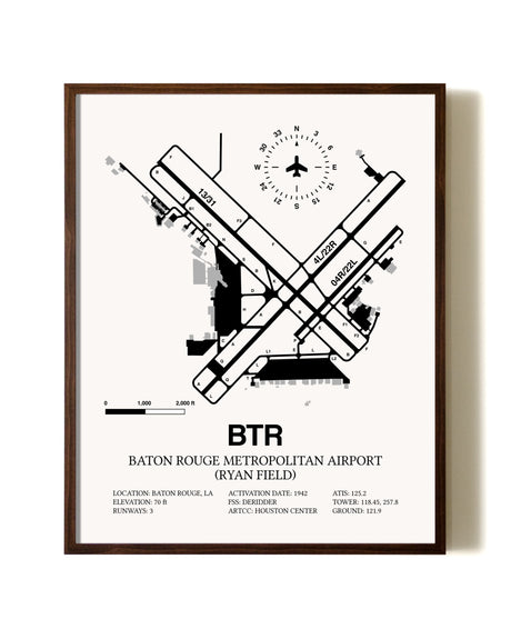 Baton Rouge Metropolitan Airport (Ryan Field) aviation print in walnut frame