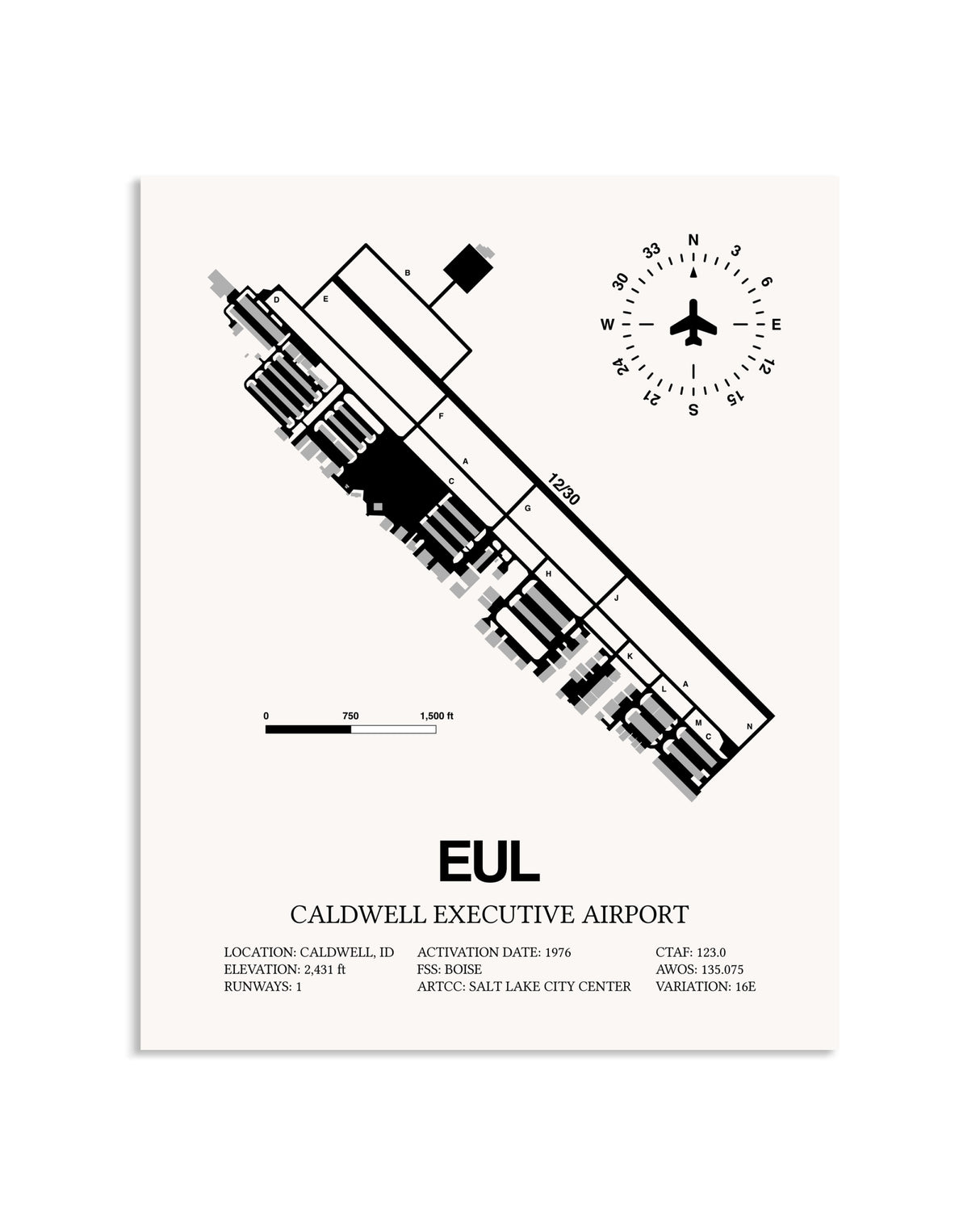 Gray Caldwell Executive Airport framed poster displayed in an airplane hangar