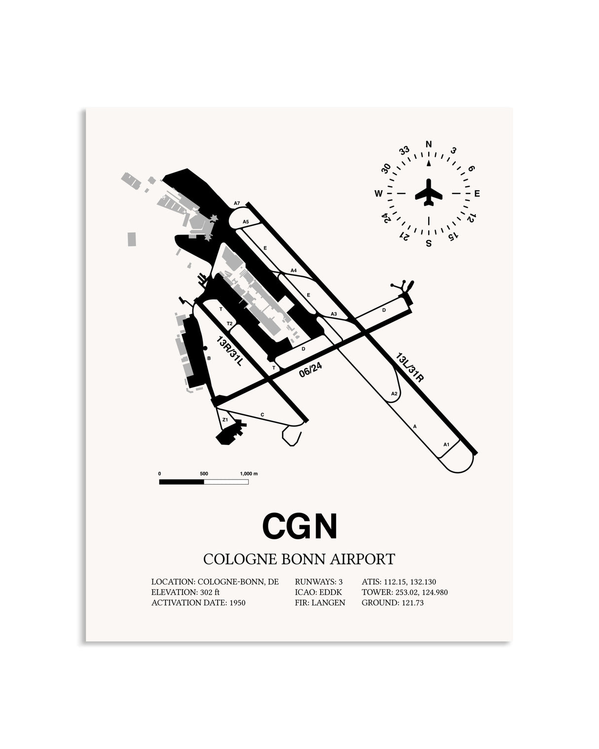 Gray Cologne Bonn Airport framed poster displayed in an airplane hangar
