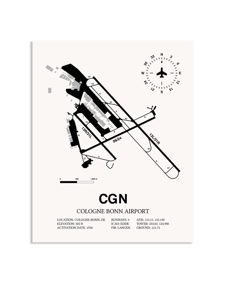 Gray Cologne Bonn Airport framed poster displayed in an airplane hangar