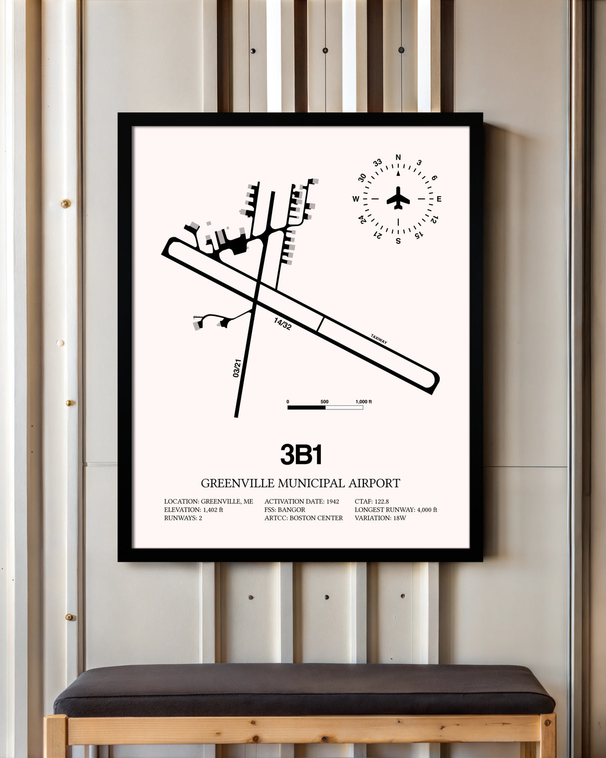 Greenville Municipal Airport framed poster displayed in an airplane hangar