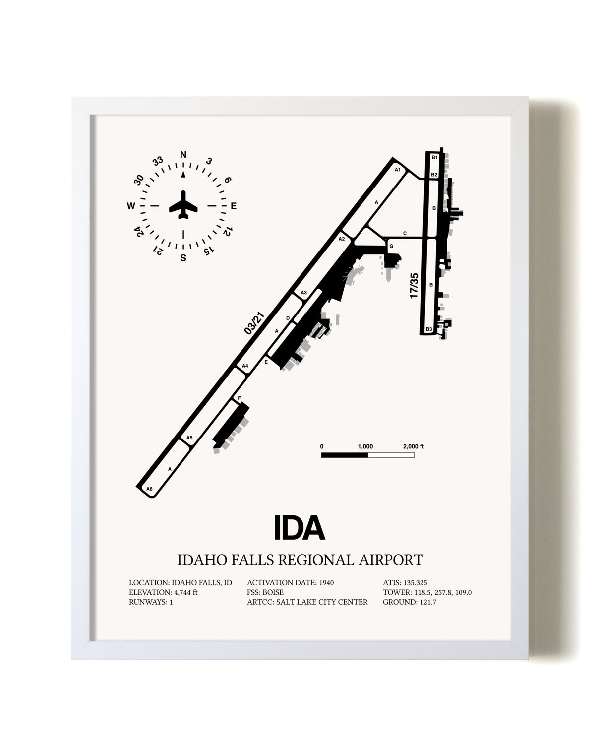 Idaho Falls Regional Airport airport map poster in oak frame
