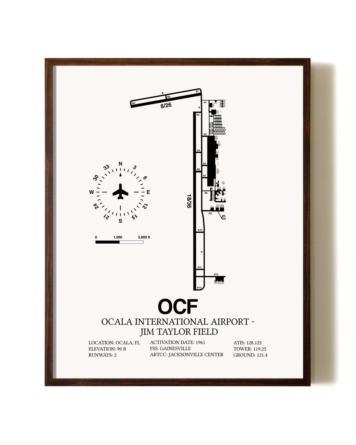 Ocala International Airport-Jim Taylor Field aviation print in walnut frame