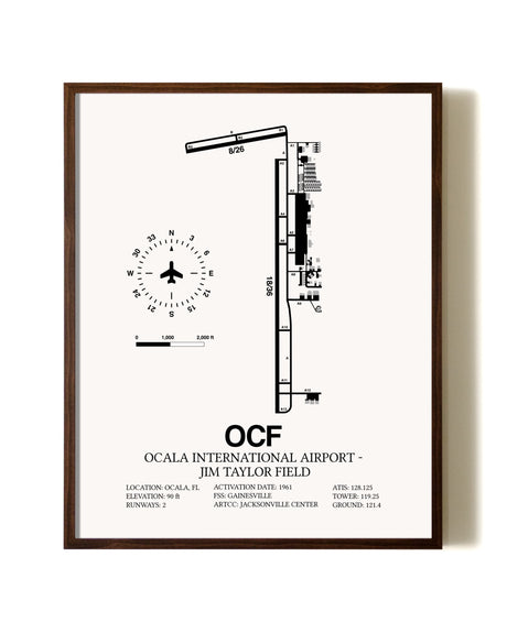 Ocala International Airport-Jim Taylor Field aviation print in walnut frame