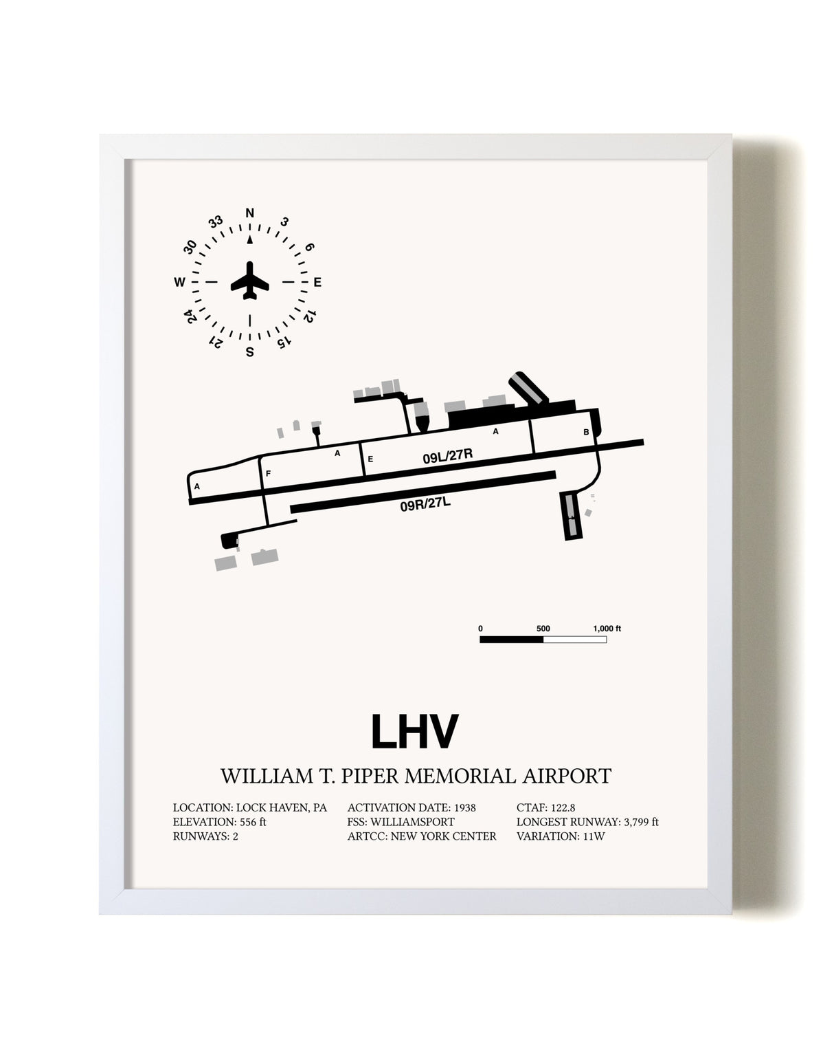 William T. Piper Memorial Airport airport map poster in oak frame