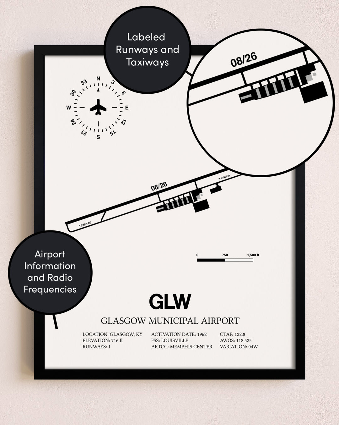 Framed Glasgow Municipal Airport layout wall art poster