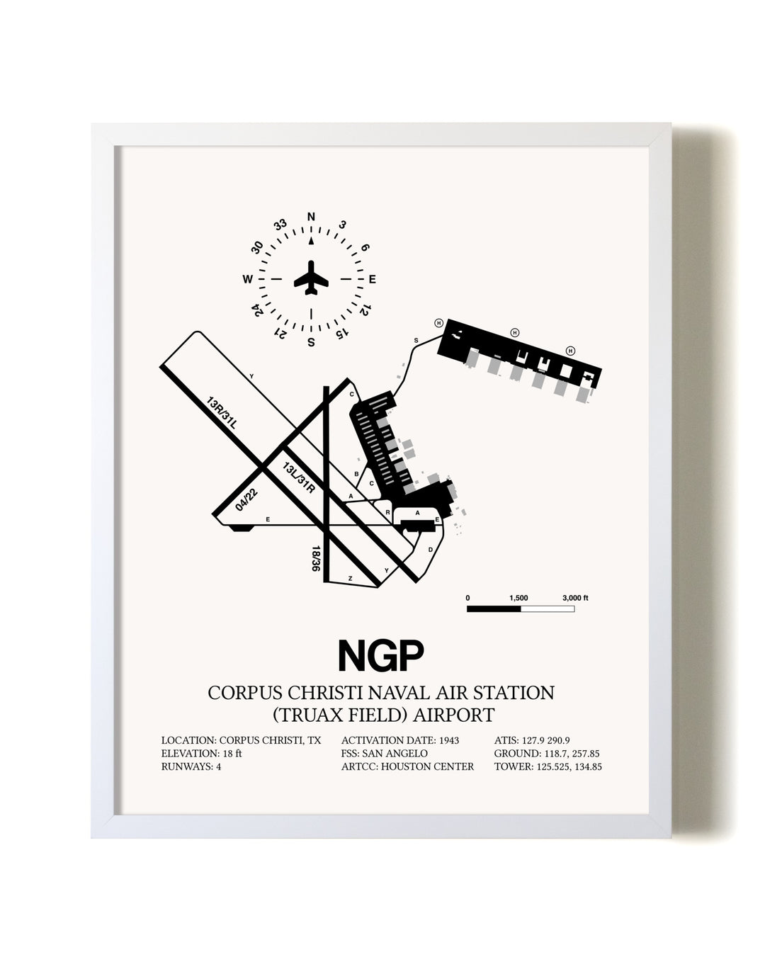 Corpus Christi Naval Air Station (Truax Field) Airport airport map poster in oak frame