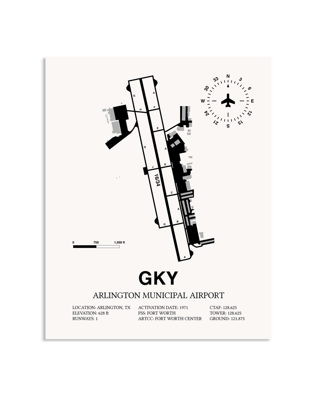 Gray Arlington Municipal Airport framed poster displayed in an airplane hangar