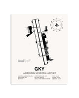Gray Arlington Municipal Airport framed poster displayed in an airplane hangar