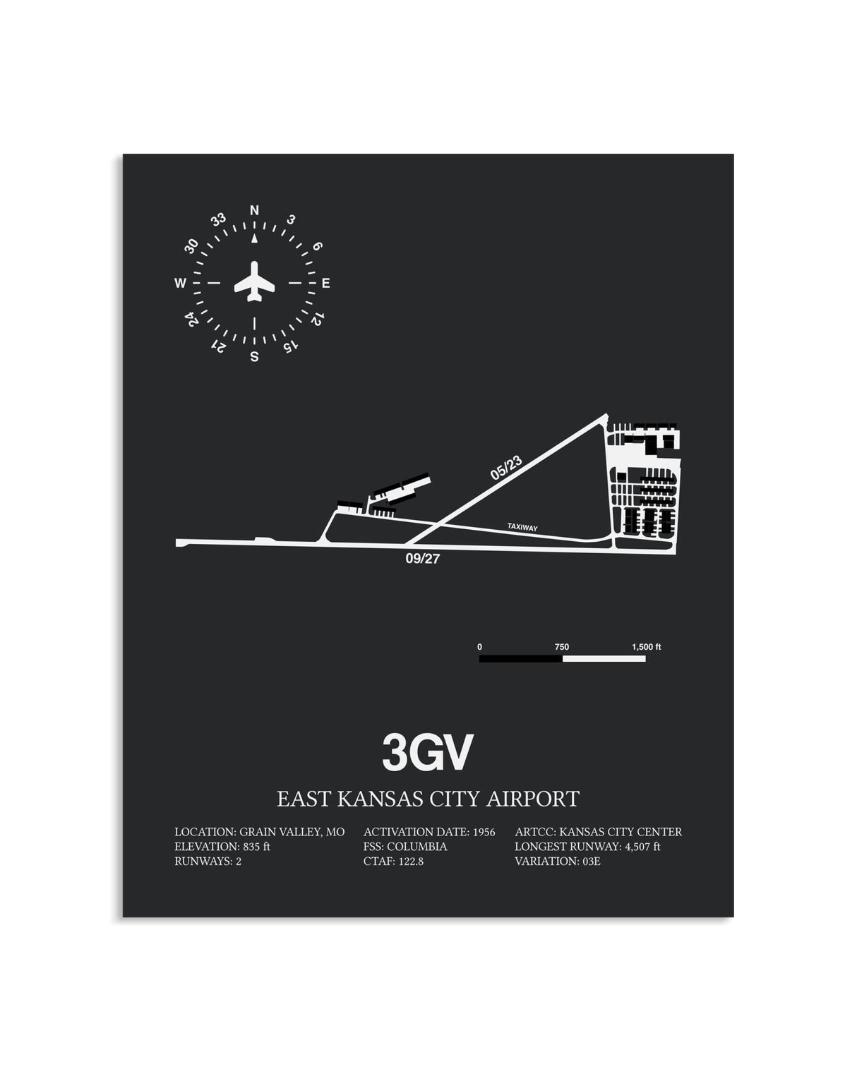 Gray Framed East Kansas City Airport layout wall art poster