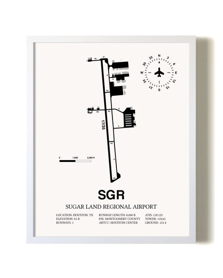 Sugar Land Regional Airport airport map poster in oak frame