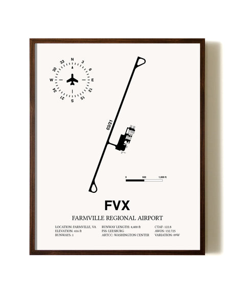 Farmville Regional Airport aviation print in walnut frame