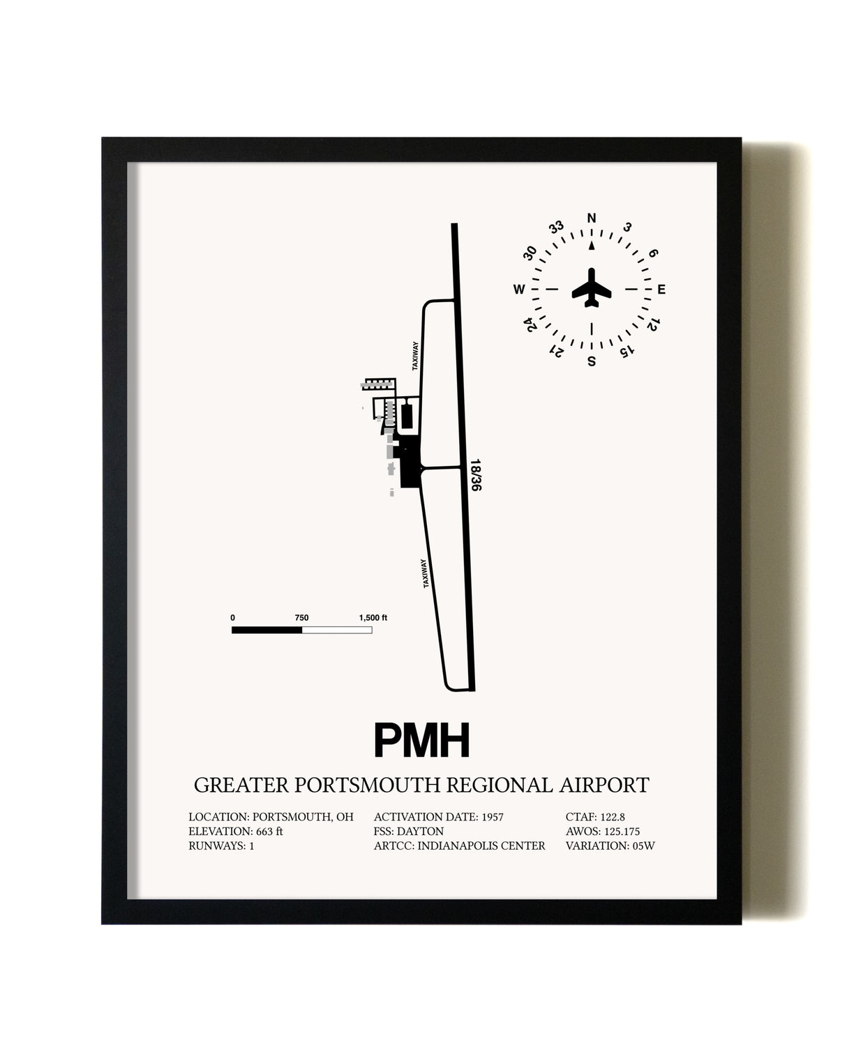 Framed Greater Portsmouth Regional Airport wall art poster in black frame