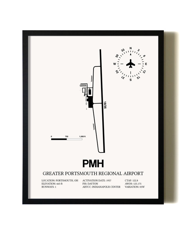 Framed Greater Portsmouth Regional Airport wall art poster in black frame