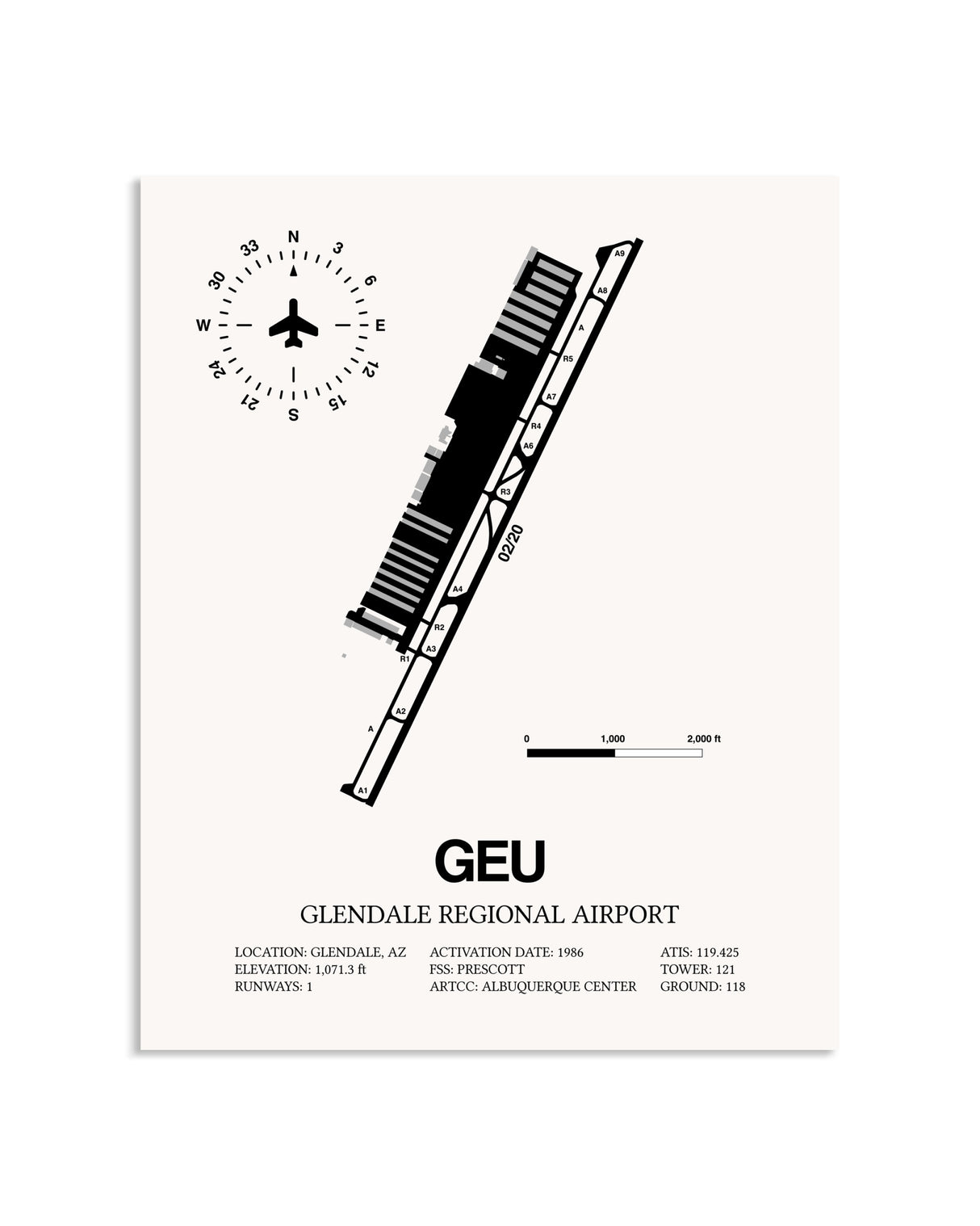 Gray Glendale Regional Airport framed poster displayed in an airplane hangar