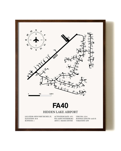 Hidden Lake Airport aviation print in walnut frame