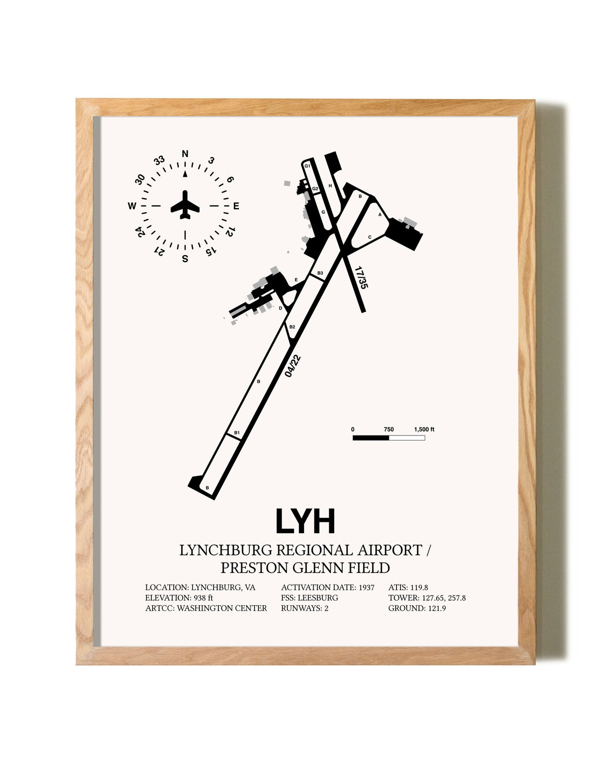 Lynchburg Regional Airport / Preston Glenn Field framed print in natural wood frame