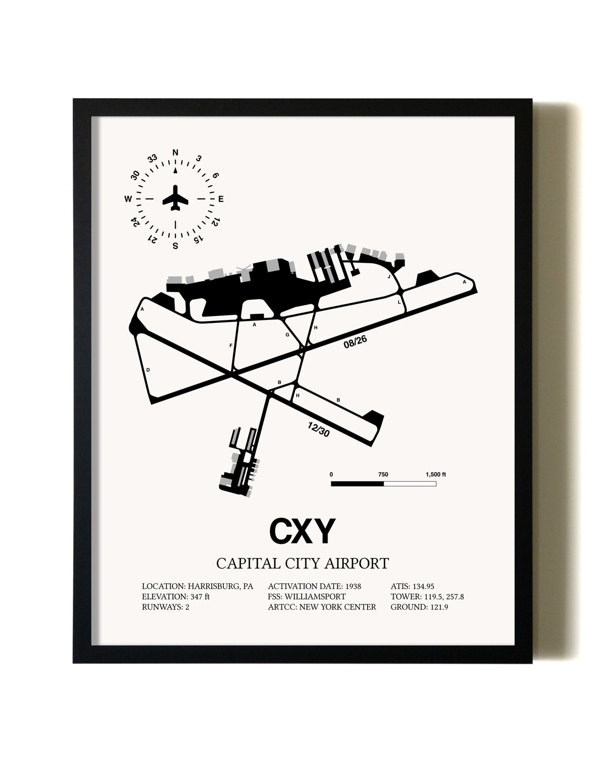 Framed Capital City Airport wall art poster in black frame