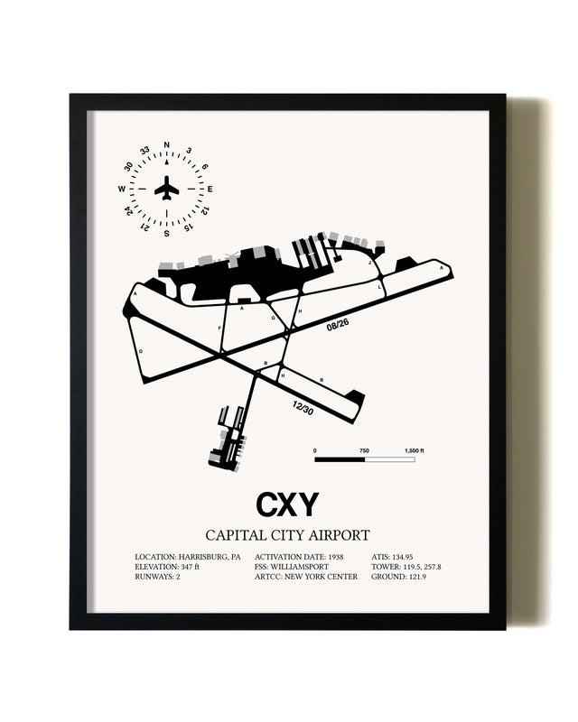 Framed Capital City Airport wall art poster in black frame