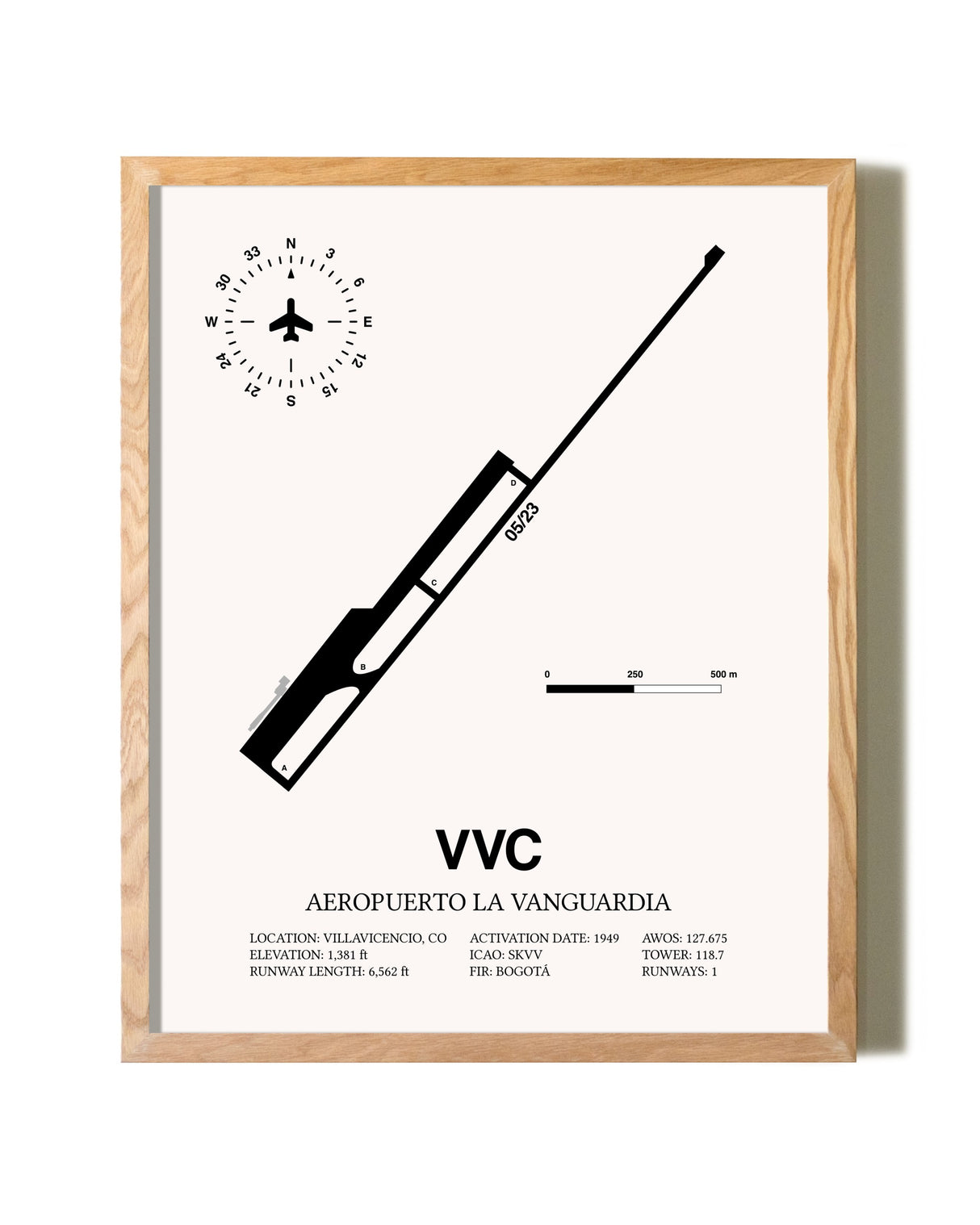 Aeropuerto La Vanguardia framed print in natural wood frame