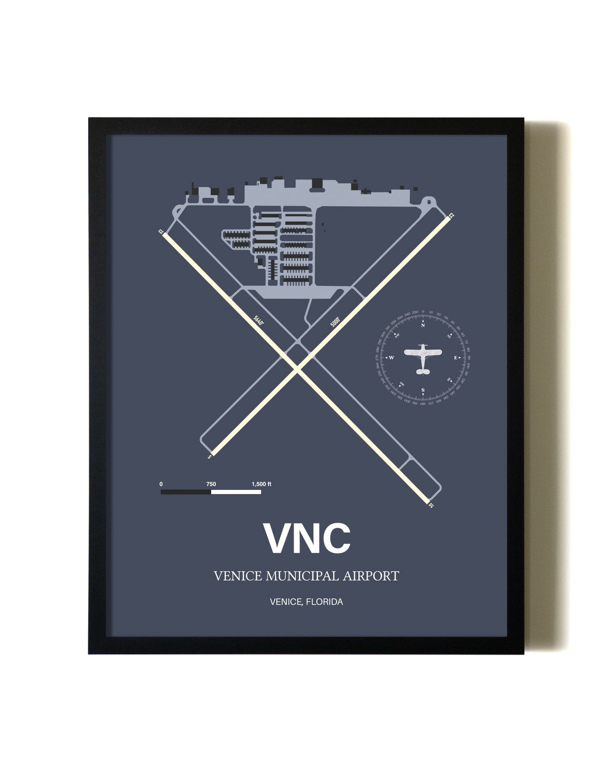 Blue and Cream Framed Venice Municipal Airport layout wall art poster