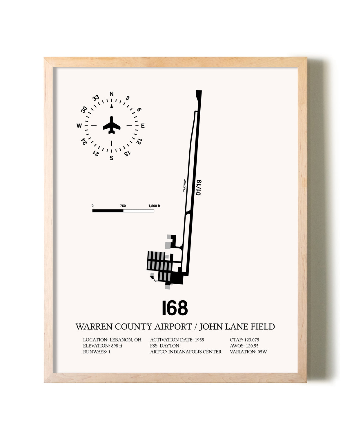 Warren County Airport / John Lane Field framed wall art in white frame