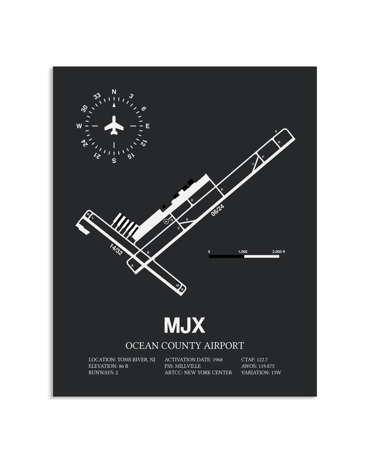 Gray Framed Ocean County Airport layout wall art poster