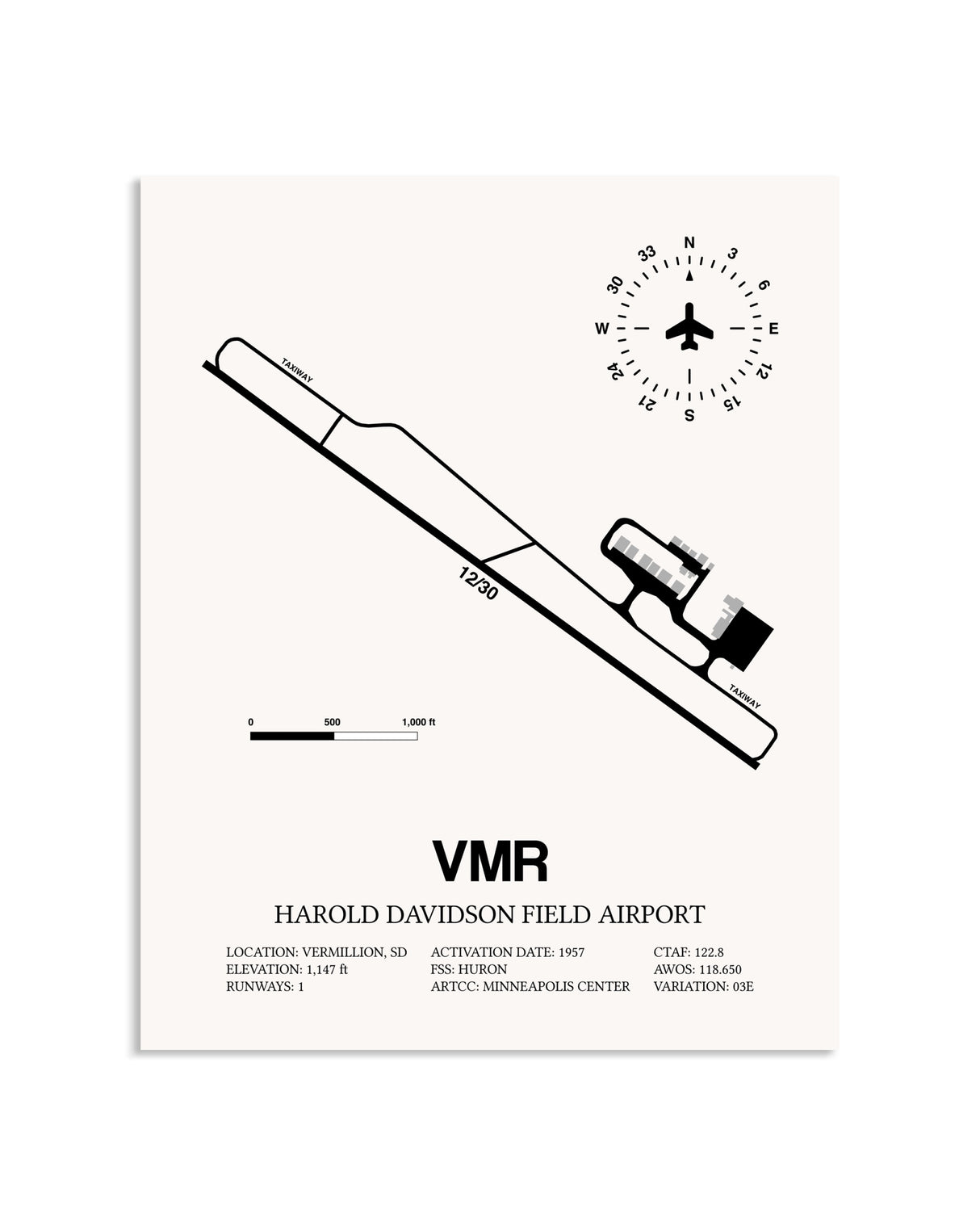 Gray Harold Davidson Field Airport framed poster displayed in an airplane hangar