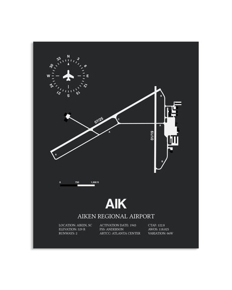 Gray Framed Aiken Regional Airport layout wall art poster