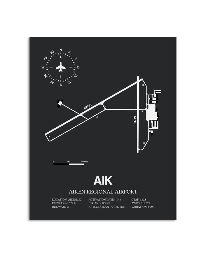Gray Framed Aiken Regional Airport layout wall art poster