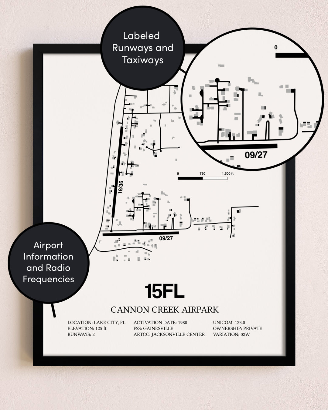 Framed Cannon Creek Airpark layout wall art poster