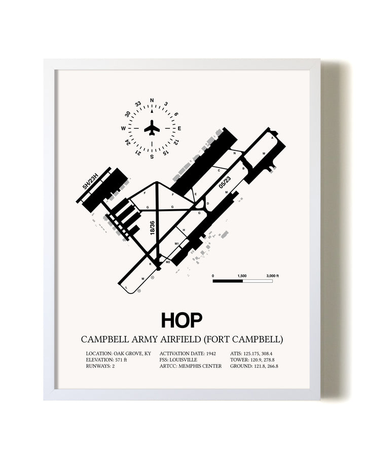 Campbell Army Airfield (Fort Campbell) airport map poster in oak frame