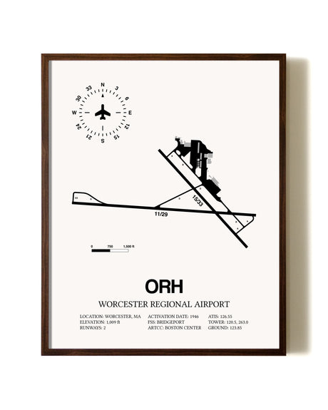 Worcester Regional Airport aviation print in walnut frame