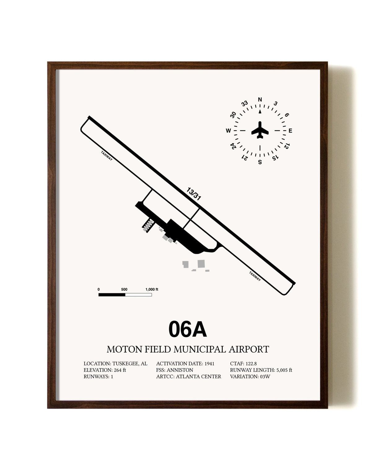 Moton Field Municipal Airport aviation print in walnut frame
