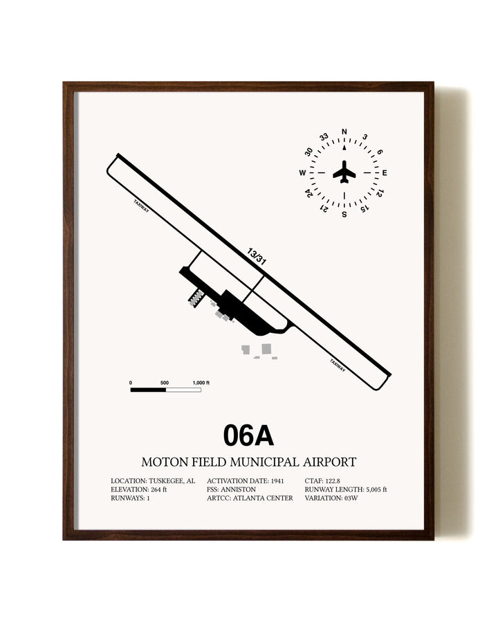 Moton Field Municipal Airport aviation print in walnut frame
