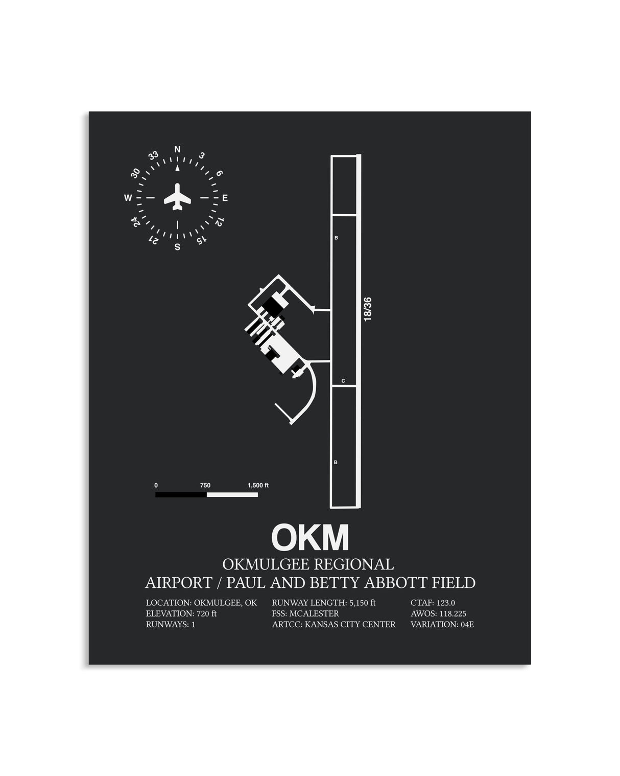 Gray Framed Okmulgee Regional Airport / Paul And Betty Abbott Field layout wall art poster
