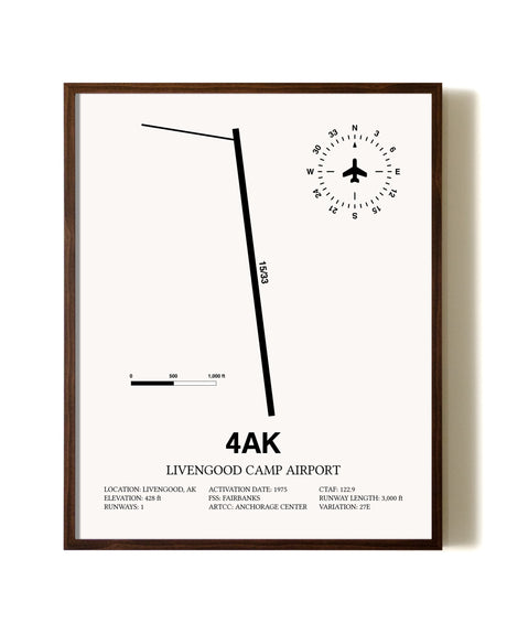 Livengood Camp Airport aviation print in walnut frame