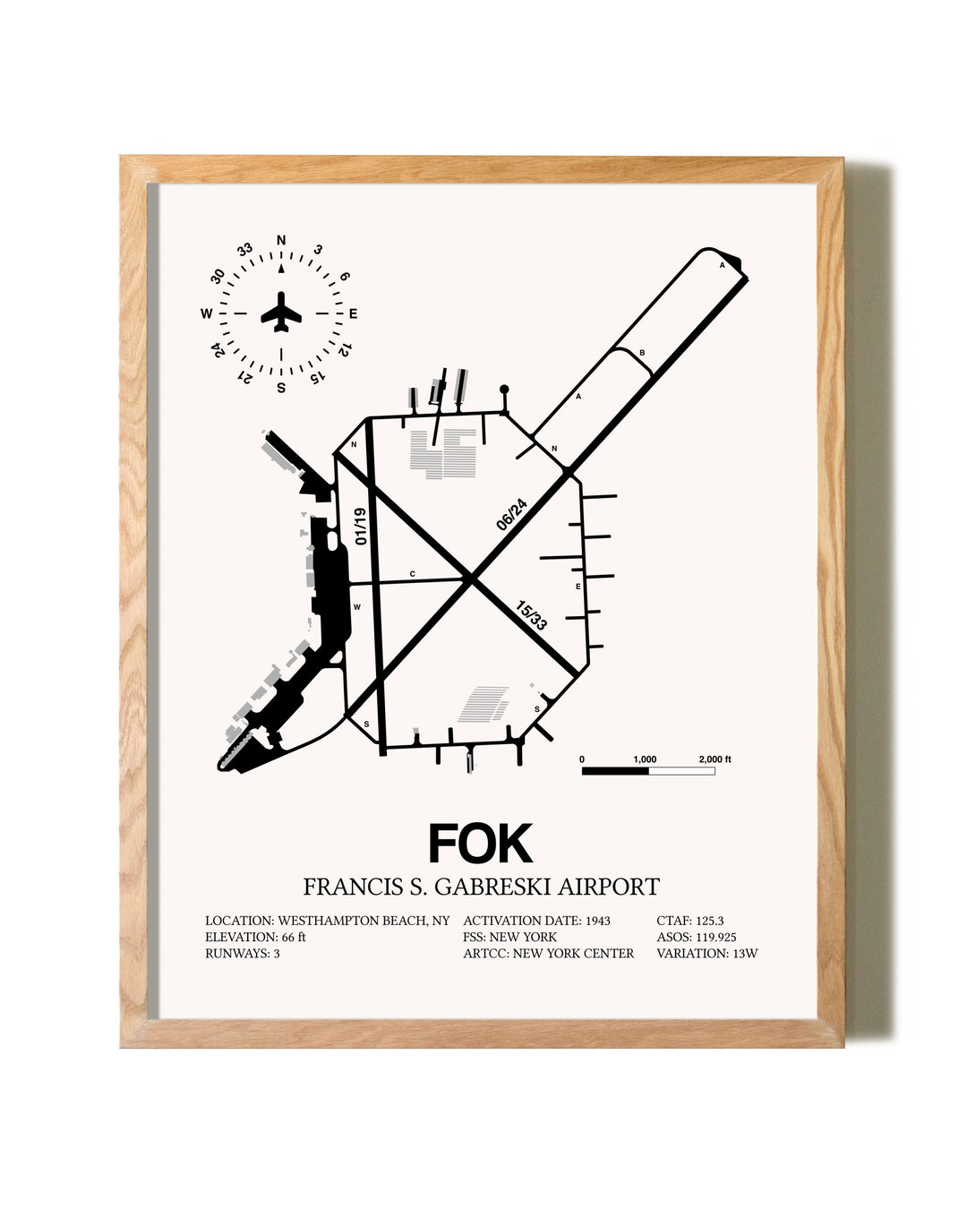 Francis S. Gabreski Airport framed print in natural wood frame