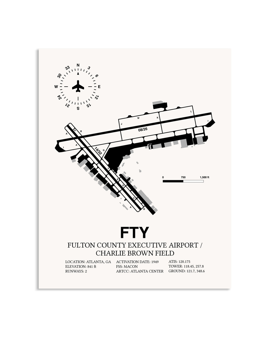 Gray Fulton County Executive Airport / Charlie Brown Field framed poster displayed in an airplane hangar