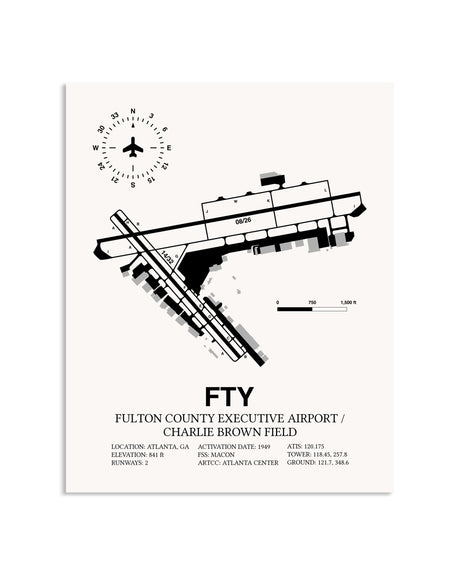 Gray Fulton County Executive Airport / Charlie Brown Field framed poster displayed in an airplane hangar