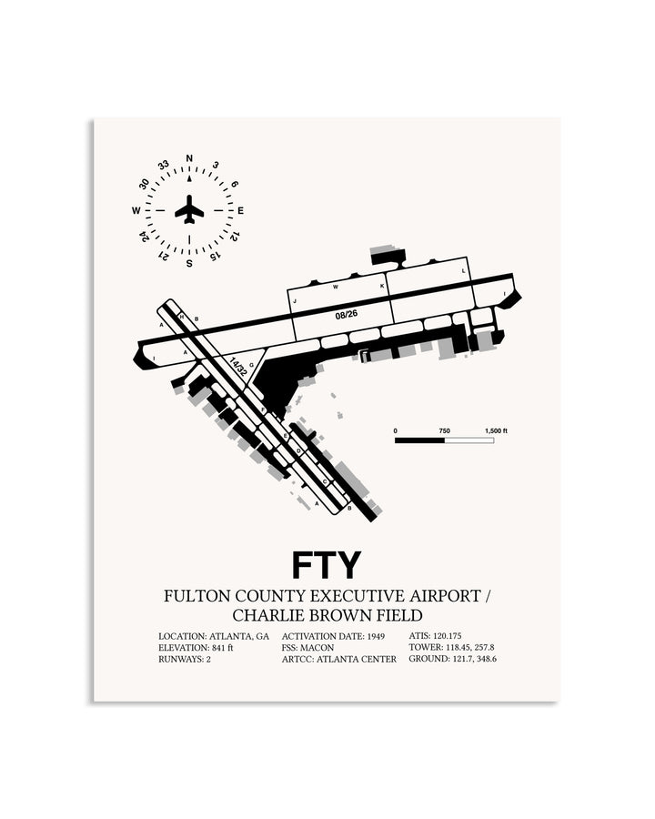 Gray Fulton County Executive Airport / Charlie Brown Field framed poster displayed in an airplane hangar
