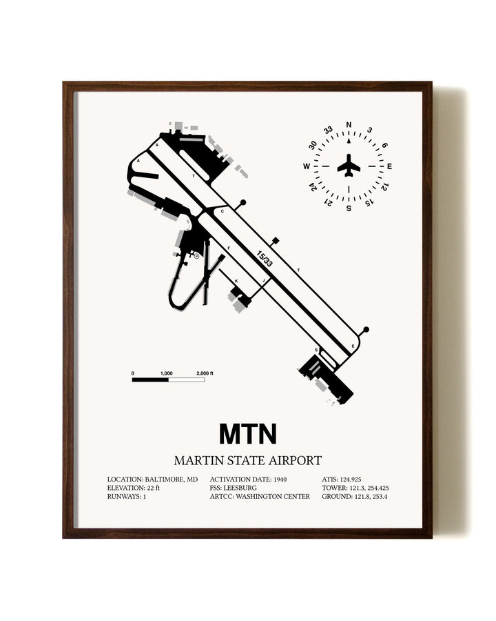 Martin State Airport aviation print in walnut frame