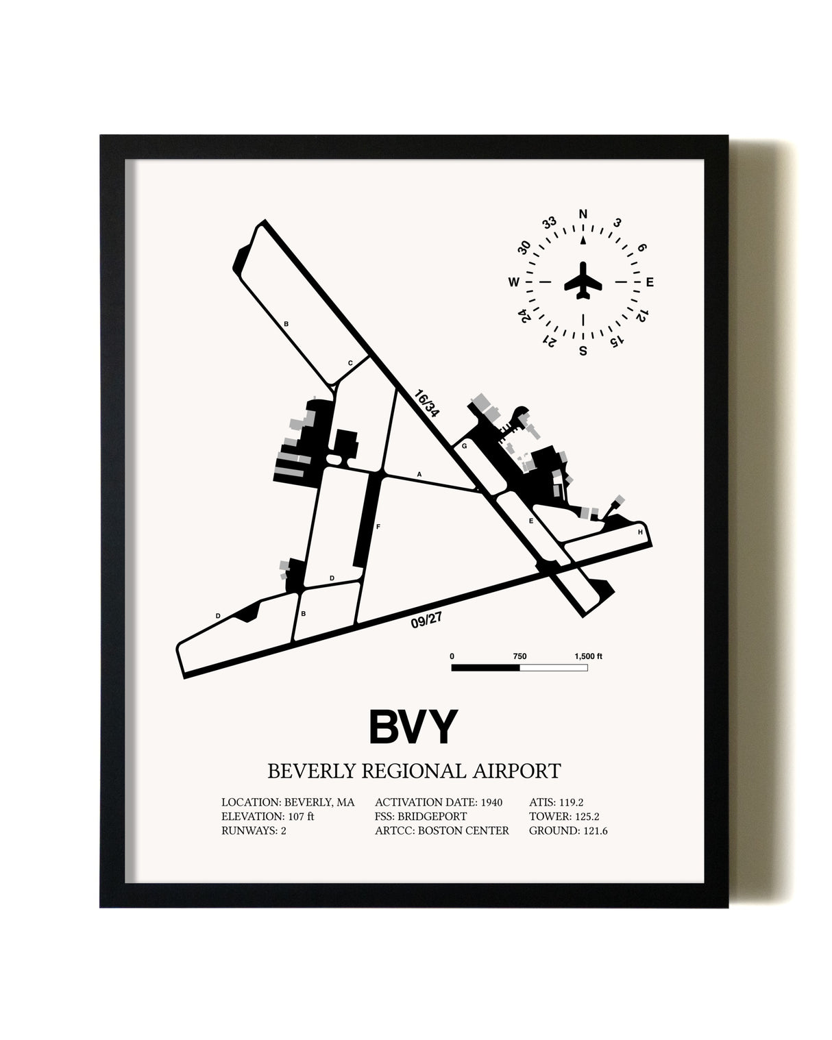Framed Beverly Regional Airport wall art poster in black frame